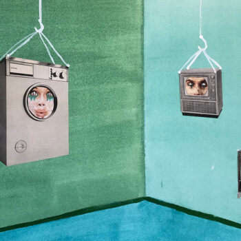 Reunião Suspensa - Colagem manual e acrílica sobre papel 300 g/m²- 1 máquina de lavar suspensa com um rosto e duas tvs com rosto suspensa em uma sala